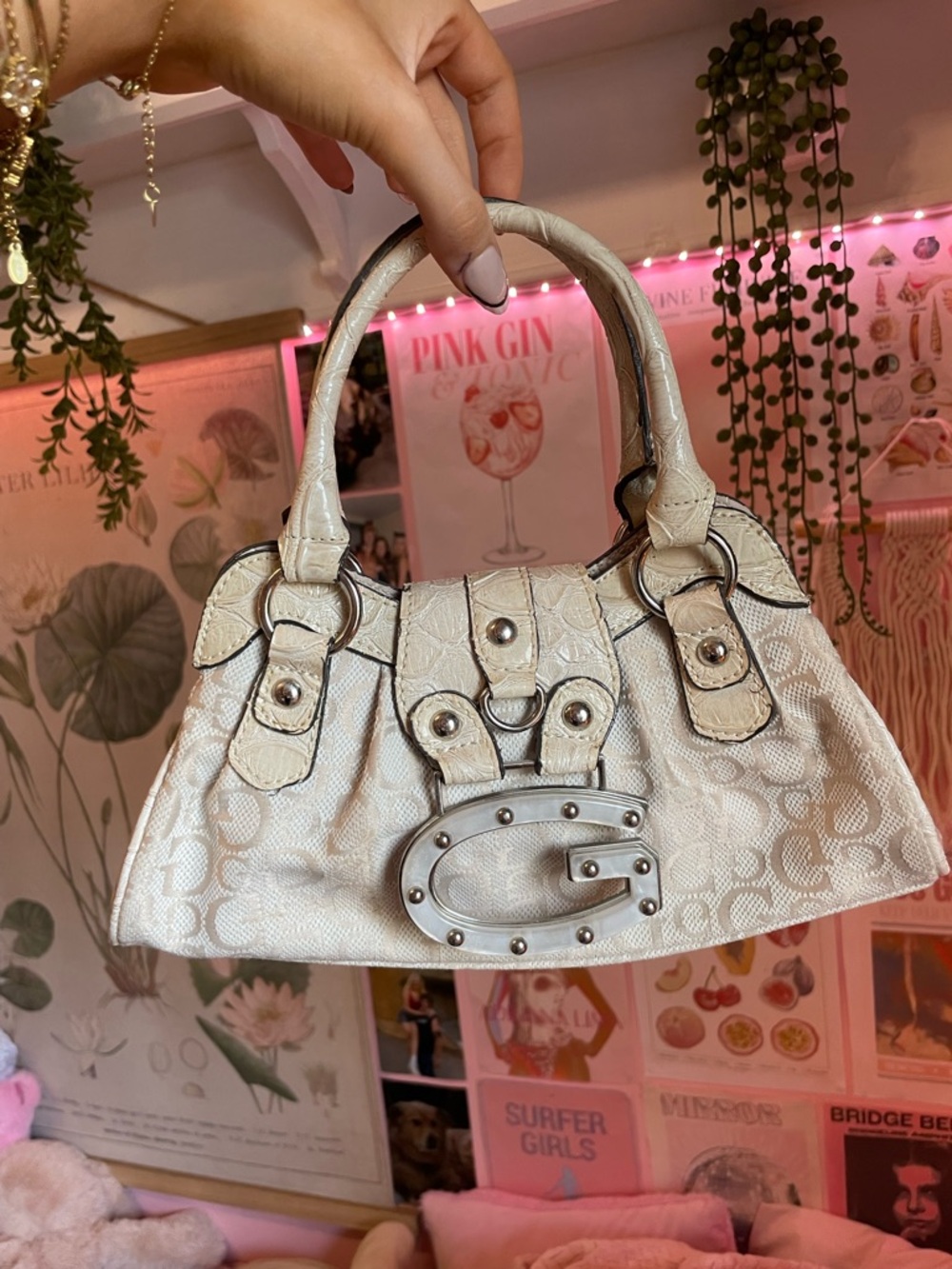 Guess White Croc-Accent Logo Satchel